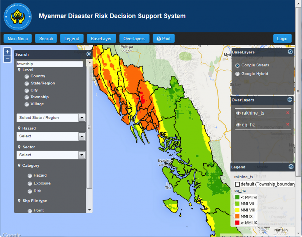 Figure 1. The Myanmar Disaster Risk Reduction Decision Support System has a user-friendly interface that allows decision makers and technical officials to access risk assessment data in Rakhine State. Source: ADPC 2015.