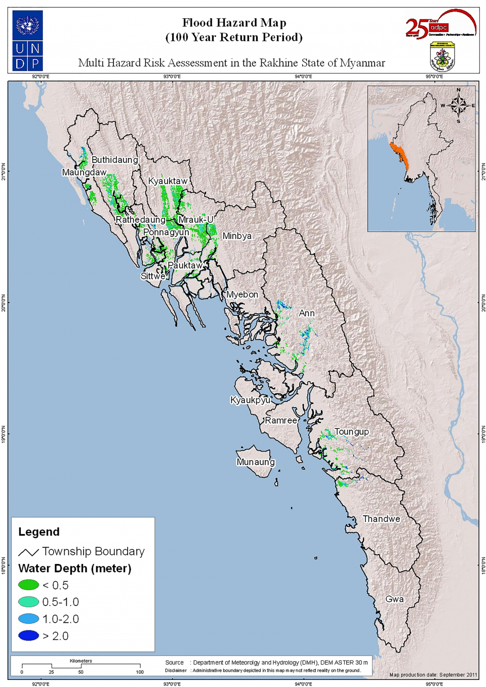 Figure 2. Flood Hazard Map of Rakhine State. Source: ADPC, UNDP 2011.