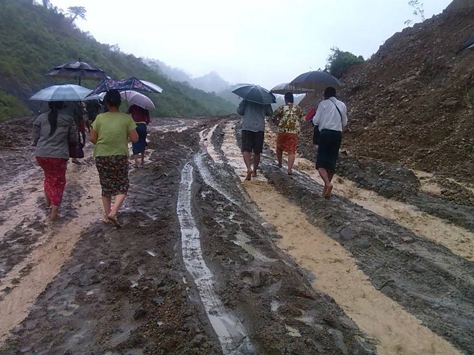 Figure 3. Community members walk to assess damage of recent flood events in late July and early August. Cyclone Komen triggered floods and earthquakes that affected 12 states in Myanmar. Activities such as these are important in the development of early warning systems as information is needed regarding the overall impact of past disaster events. Source: ADPC, IOM 2015.