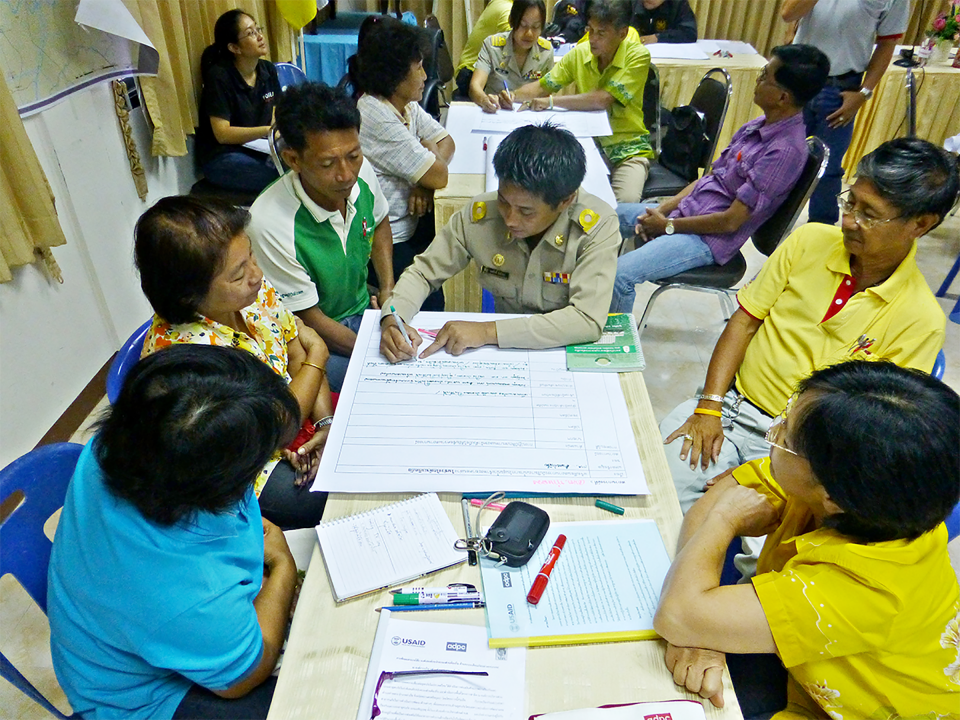 Figure 4. Tabletop exercise involving female community members and local government authority to develop Flood Early Warning System in Ayutthaya Province, Thailand. Source: ADPC 2013.