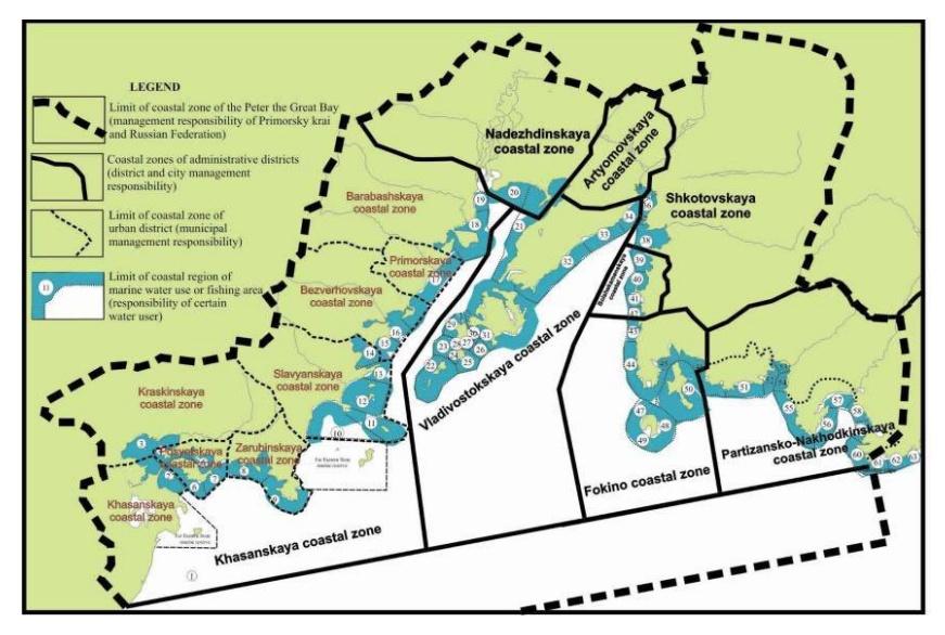 Figure 1. Boundary delimitation (functional zoning) of the Peter the Great Bay coastal zone (NOWPAP POMRAC 2010). Figure 1. Boundary delimitation (functional zoning) of the Peter the Great Bay coastal zone (NOWPAP POMRAC 2010).