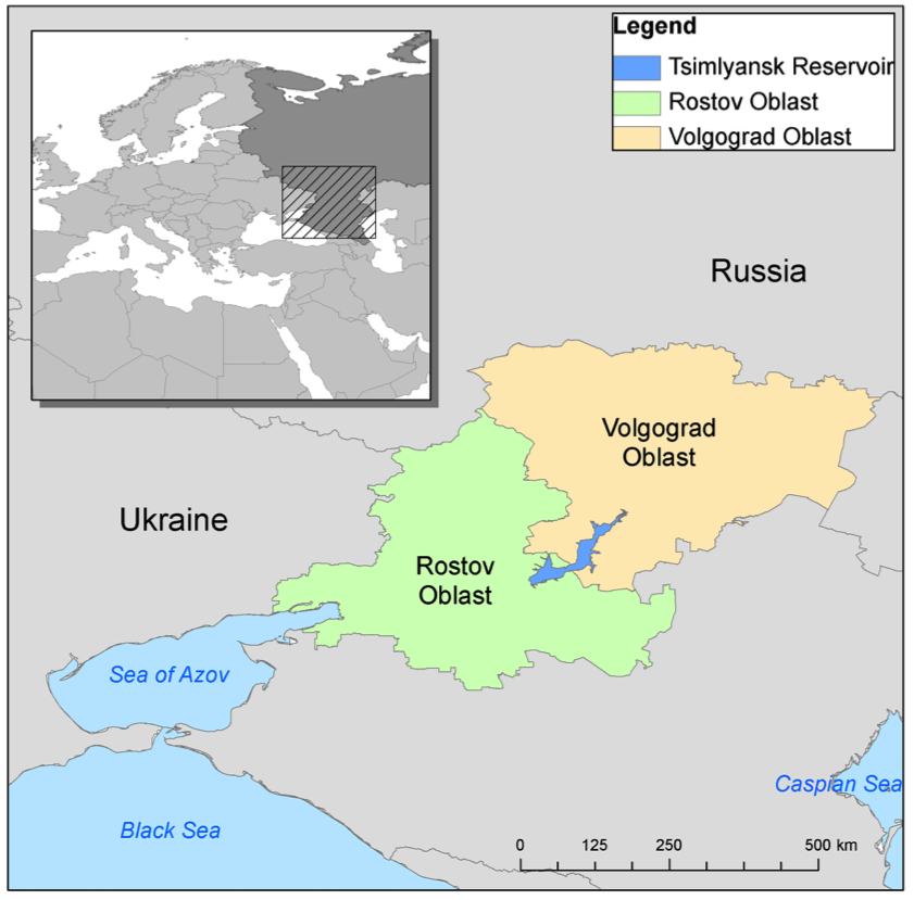 Figure 2. Map of the Tsimlyansk Reservoir in Southern Russia. (Map created by author).