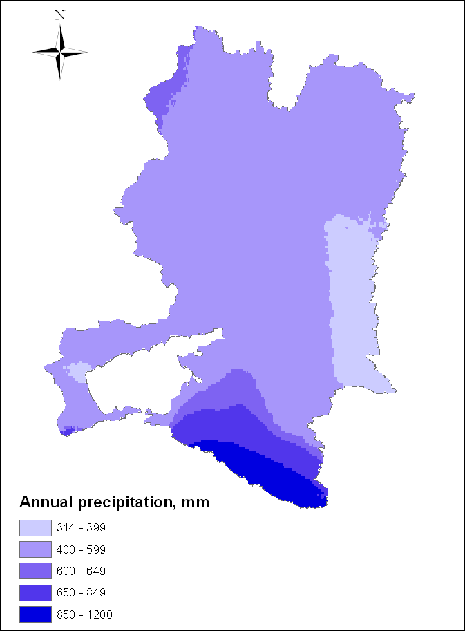 Figure 2b. Annual precipitation in the Azov Basin (Based on Hijmans et al. 2005)