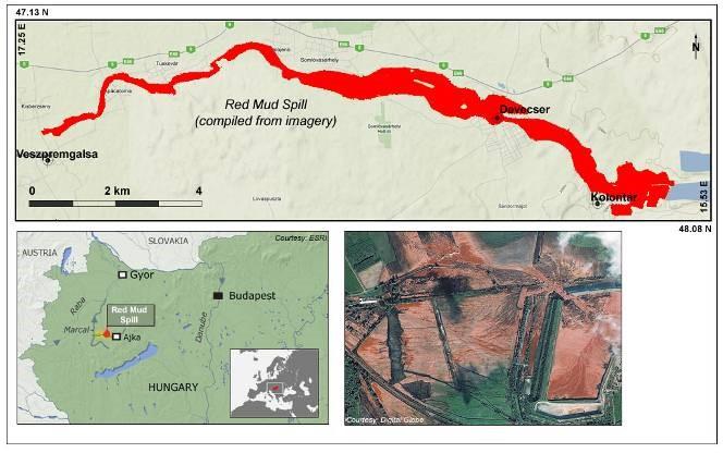 Figure 4. Location area and approximate direction of red-mud spill