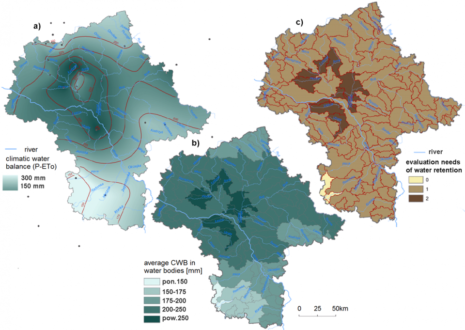 Figure 2. Example of indexing process for climatic water balance: a) isolines of climatic water balance (CWB), b) average CWB in water bodies, c) evaluation of water retention needs for water bodies. Source: Mioduszewski at el. 2015