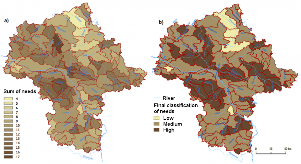 Figure 3. General evaluation of water retention needs in integrated water bodies; a) the results of evaluation (classes 1-17) of the Unified Water Body, b) the priority of small water retention measures. Source: Mioduszewski at el. 2015